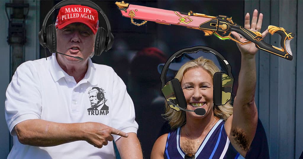 Trump and MTG celebrate an Overwatch victory. Trump's red MAGA hat threatens: "Make IPs pulled again." Marjorie Taylor Greene’s body—it's like a jungle sometimes. She sports a hairy chest and armpit.